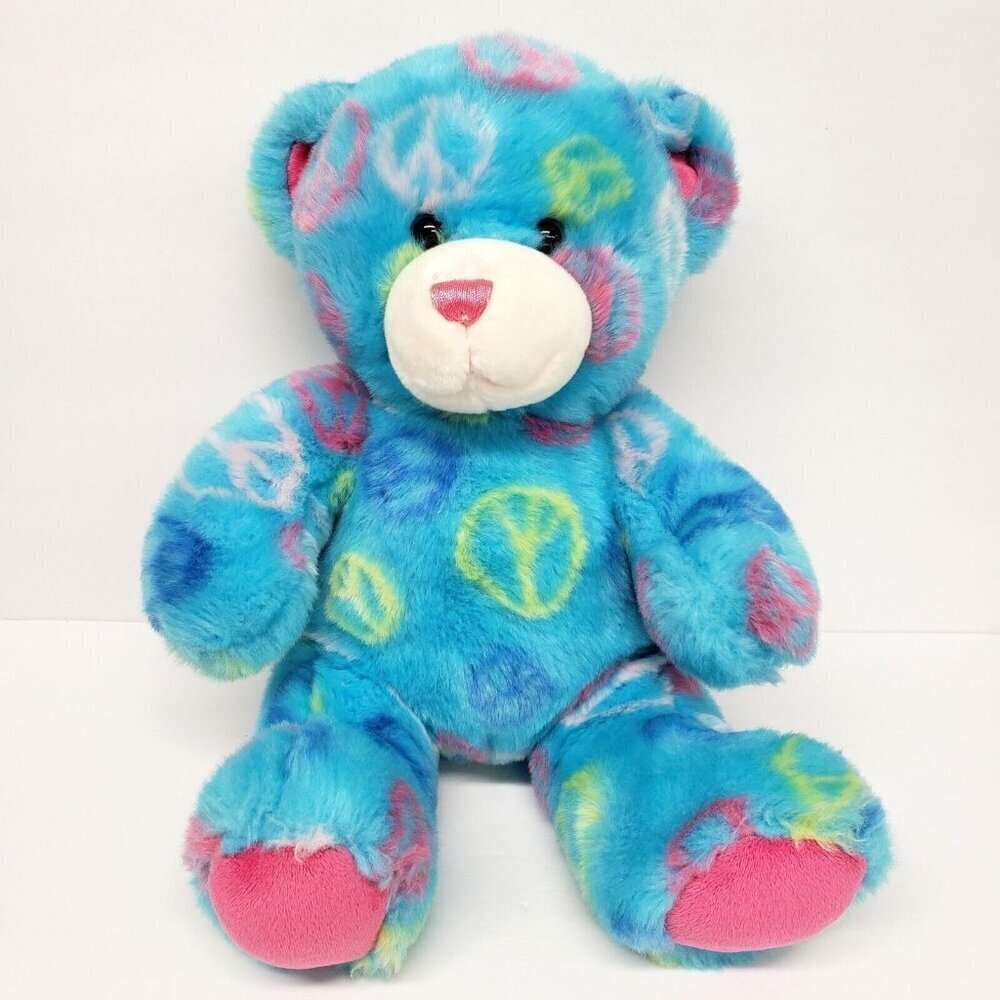 Build a Bear 14" Peace Signs Seated Light Blue Pink Bear Stuffed Animal Plush